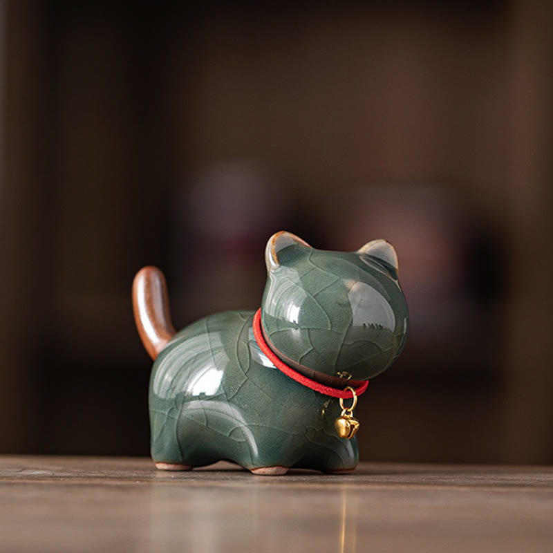 Mini Ceramic Lucky Cat Figurine with Red Rope Bell - Spiritual Animal Figurines