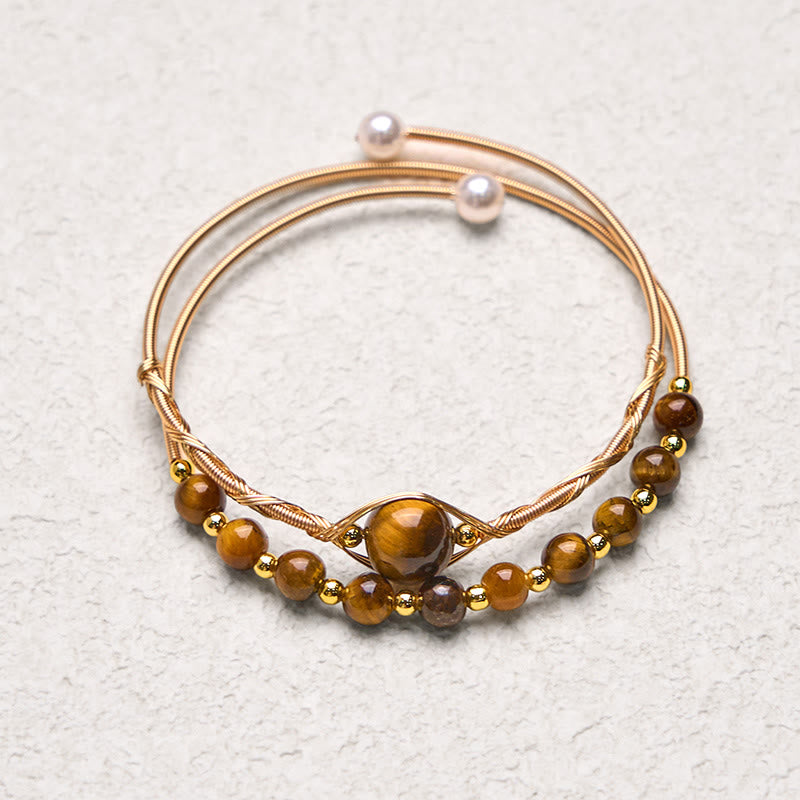14K Gold Filled Copper Tiger Eye Protection Cuff Bracelet 14-16 cm