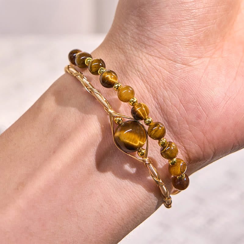 14K Gold Filled Copper Tiger Eye Protection Cuff Bracelet 14-16 cm