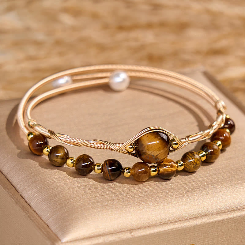 14K Gold Filled Copper Tiger Eye Protection Cuff Bracelet 14-16 cm