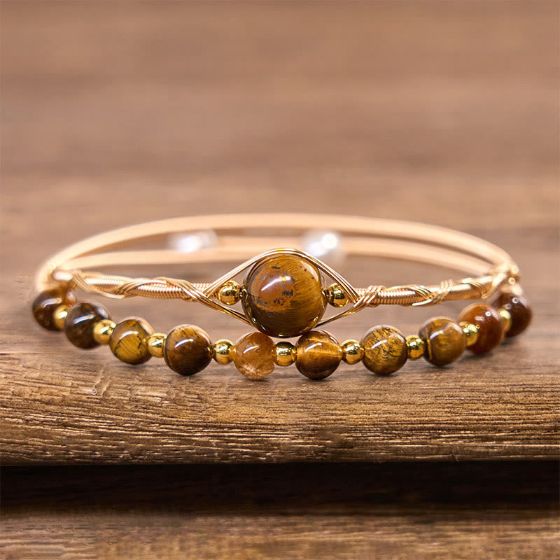 14K Gold Filled Copper Tiger Eye Protection Cuff Bracelet 14-16 cm