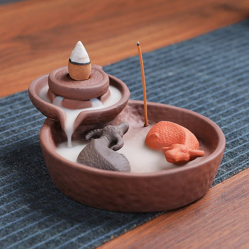 Handmade Purple Clay Ceramic Incense Burner Koi Fish or Ox
