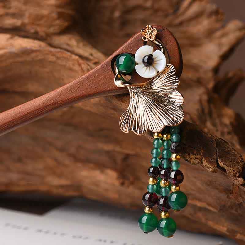 17cm Red Sandalwood Green Agate Protection Hairpin