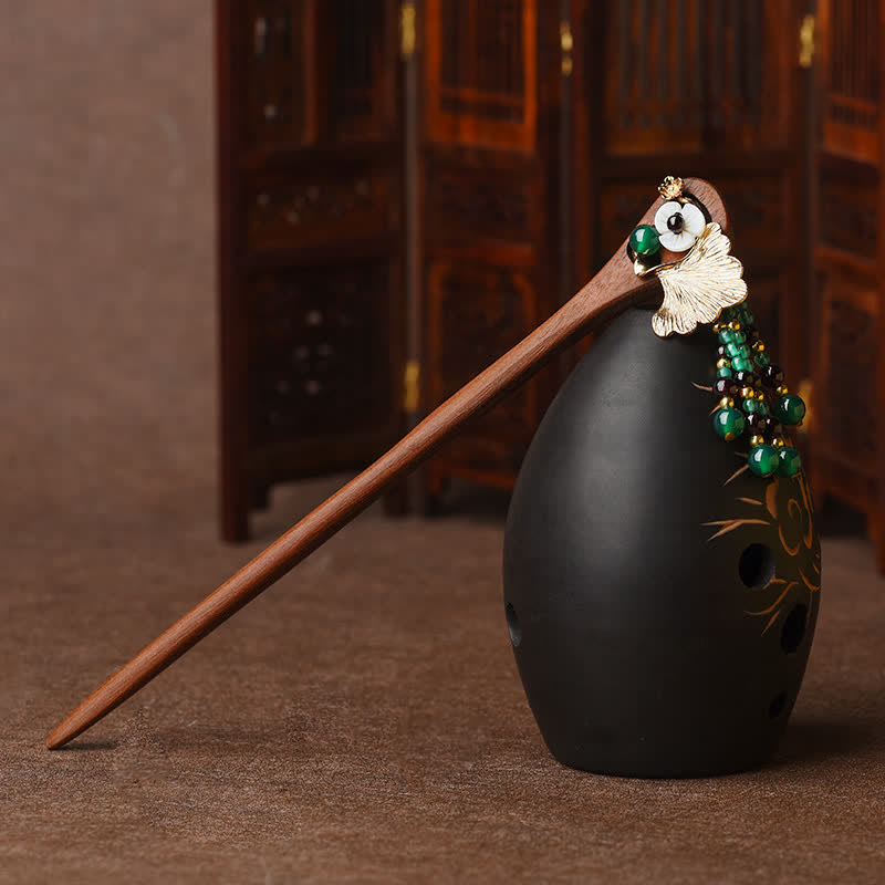 17cm Red Sandalwood Green Agate Protection Hairpin