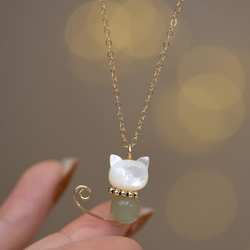 14K Gold Plated Jade Luck Cat Pendant Necklace