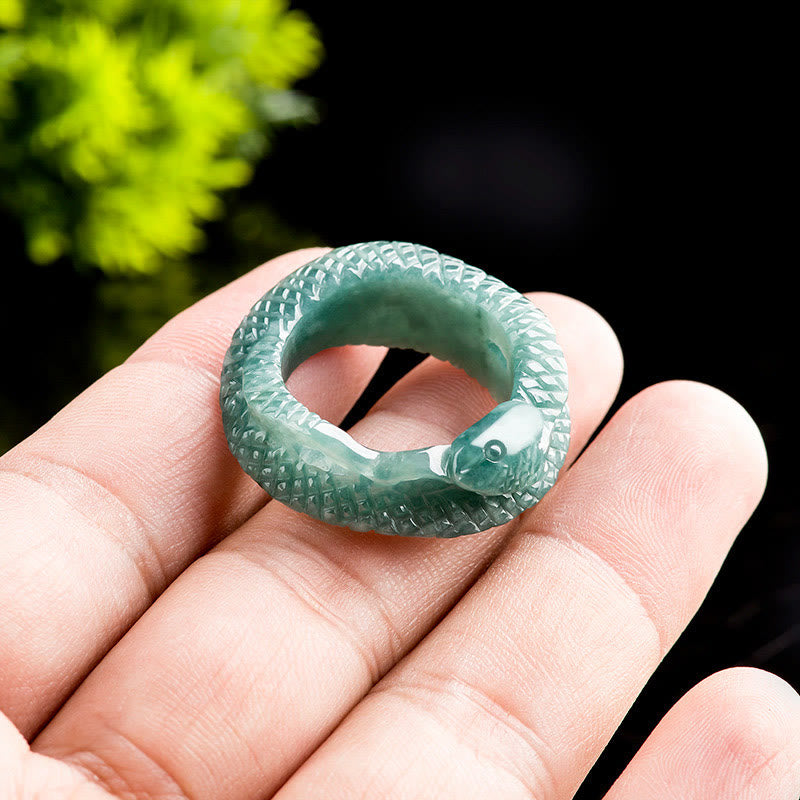 17mm Natural Jade Snake Carving Prosperity Protection Ring