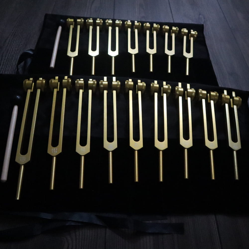 17pc Solfeggio & Chakra Tuning Fork Set Gold 2 Bags - On sale