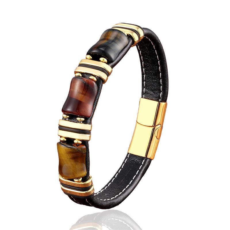 18-22cm Tiger Eye Protection Leather Bracelet with Bamboo Stones