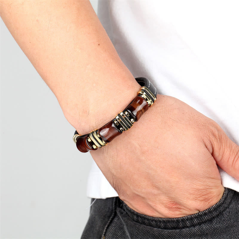18-22cm Tiger Eye Protection Leather Bracelet with Bamboo Stones