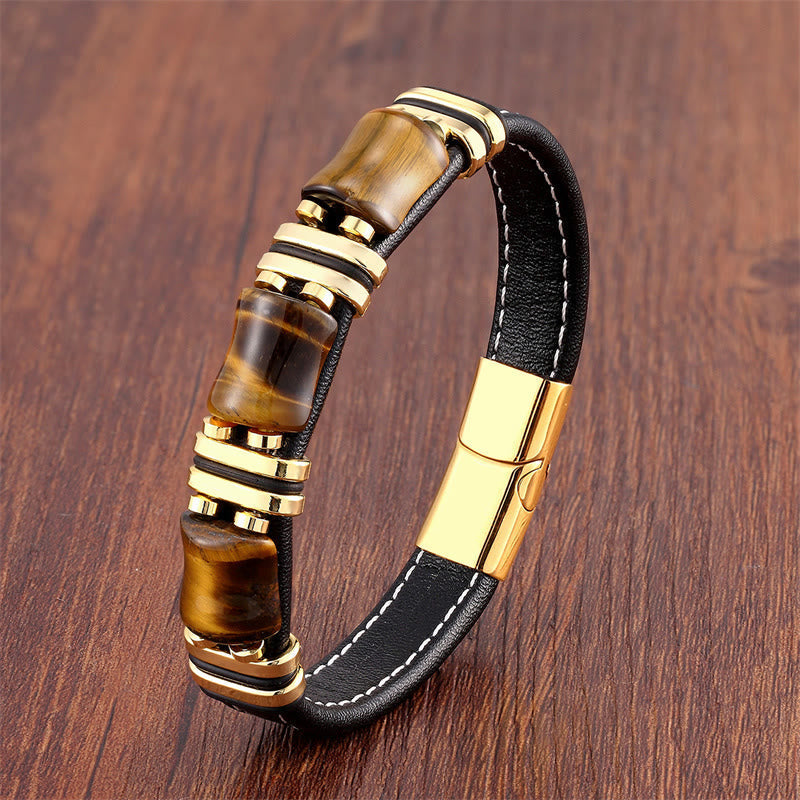 18-22cm Tiger Eye Protection Leather Bracelet with Bamboo Stones