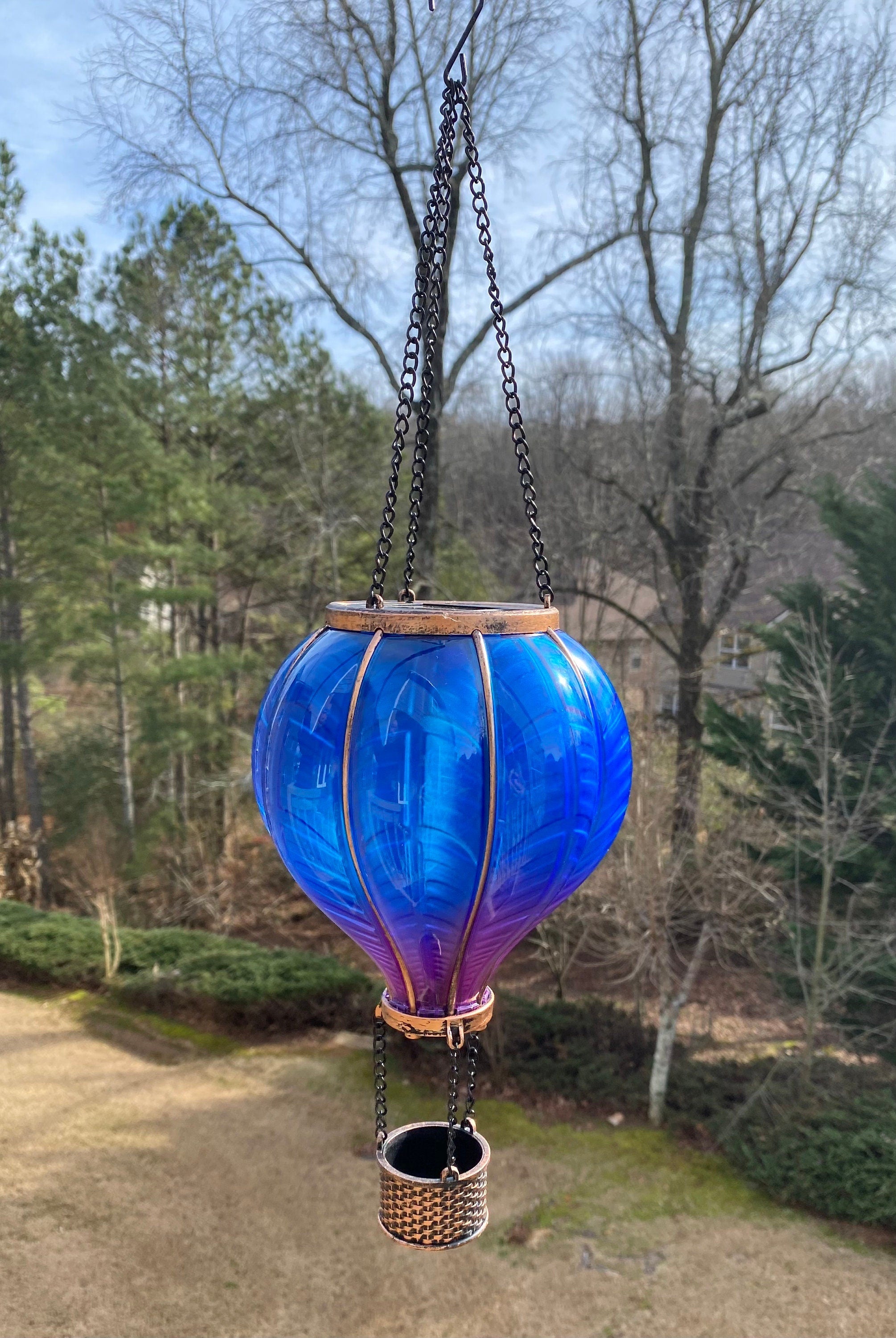 Blue glass hot air balloon hanging ornament with basket for 18’’ Solar Hanging Lantern
