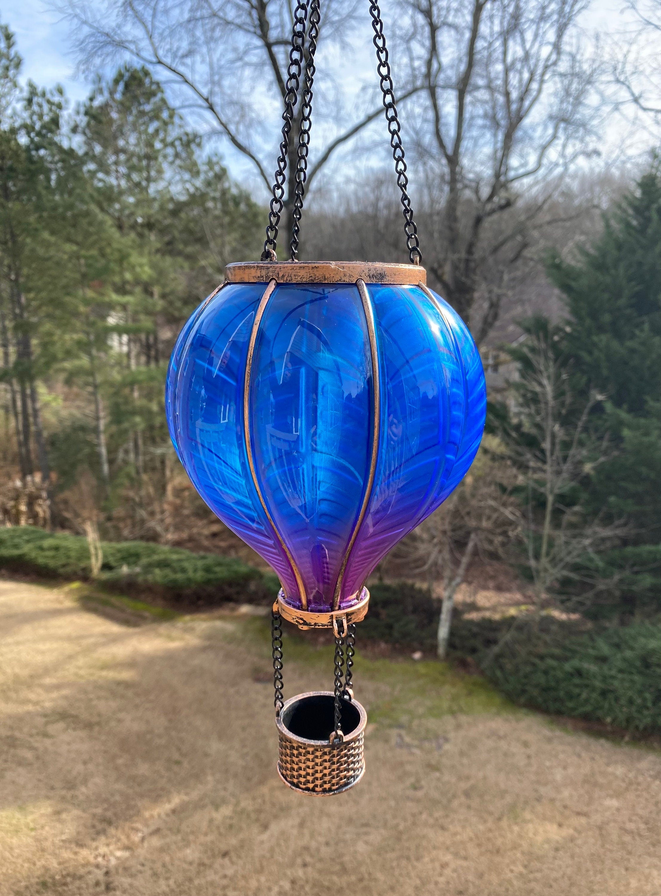Cobalt blue glass hot air balloon ornament with copper accents for solar hanging lantern