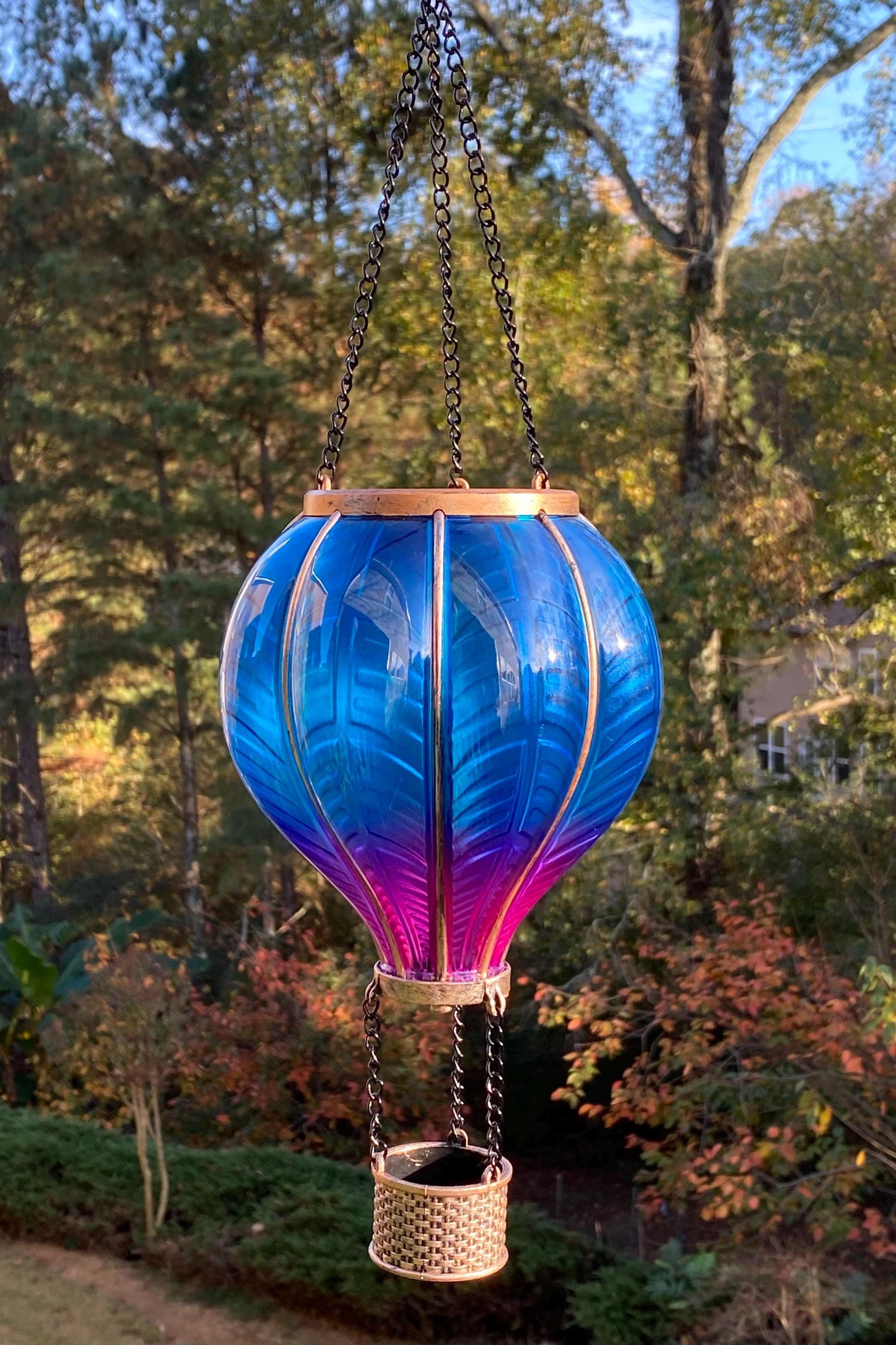 Decorative blue and purple hot air balloon lantern for garden décor with metallic basket