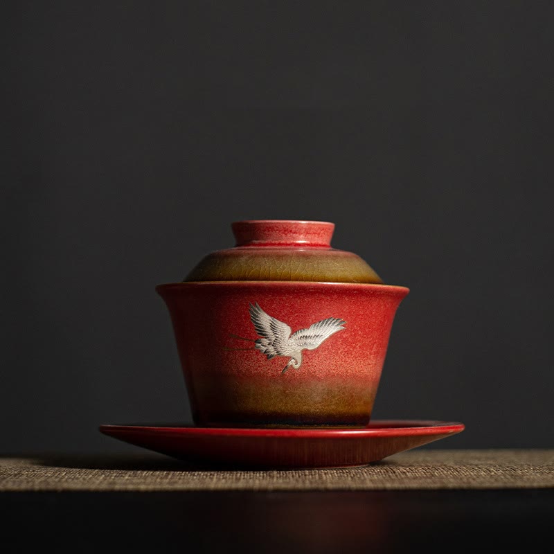 Red Auspicious Crane Ceramic Gaiwan Sancai Teacup | Zen Decor