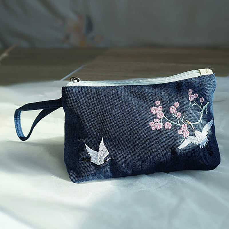Canvas Wallet with Plum Cherry Crane Embroidery | Compact 21x13cm