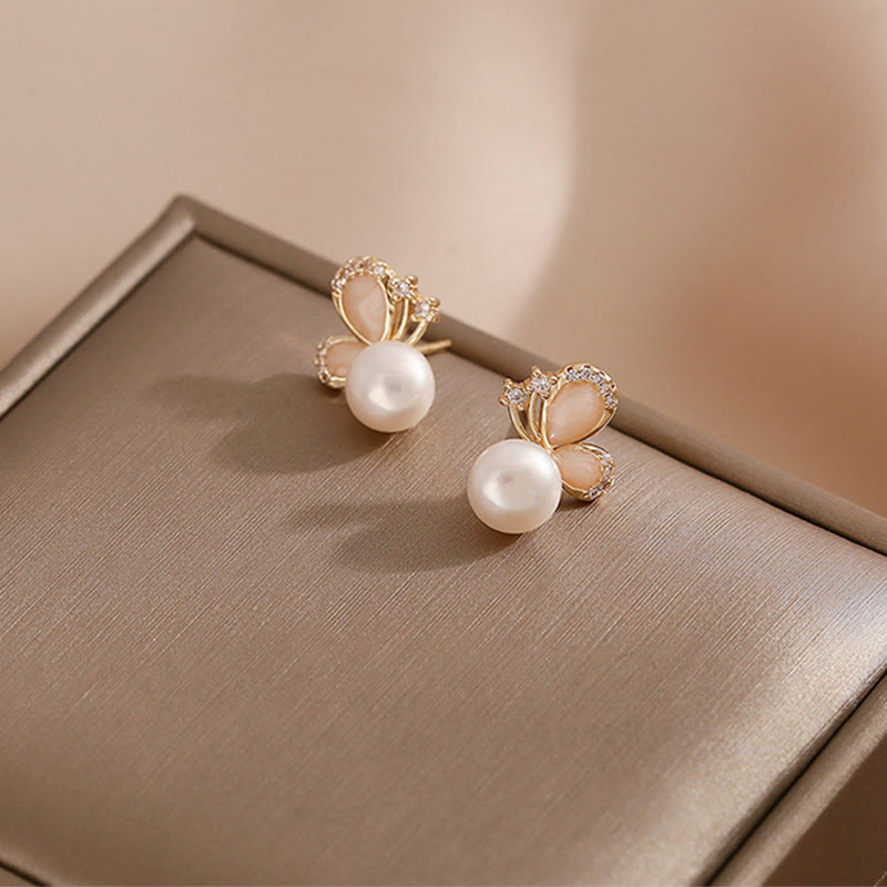 18K Gold Pearl Butterfly Love Freedom Stud Earrings