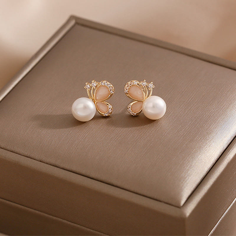 18K Gold Pearl Butterfly Love Freedom Stud Earrings