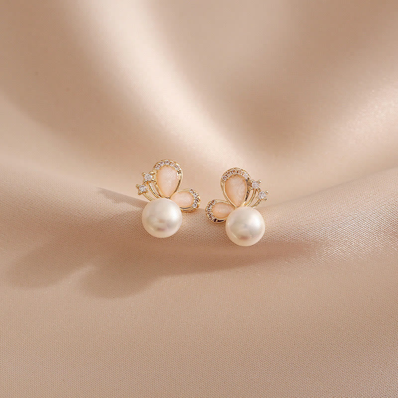 18K Gold Pearl Butterfly Love Freedom Stud Earrings
