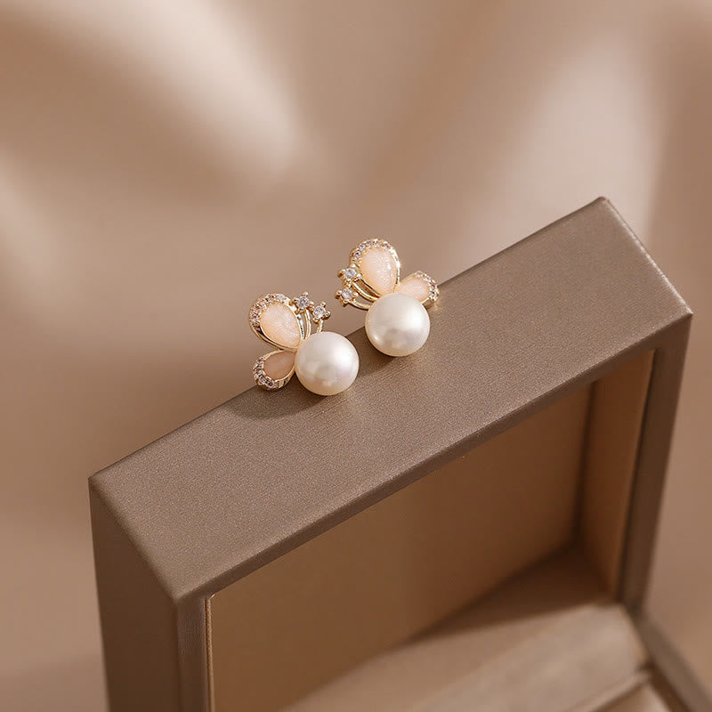 18K Gold Pearl Butterfly Love Freedom Stud Earrings