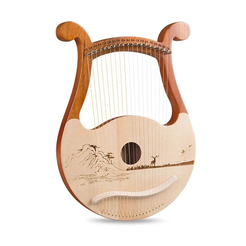 19-String Wood Lyre Harp with carved mountain landscape design for beginners