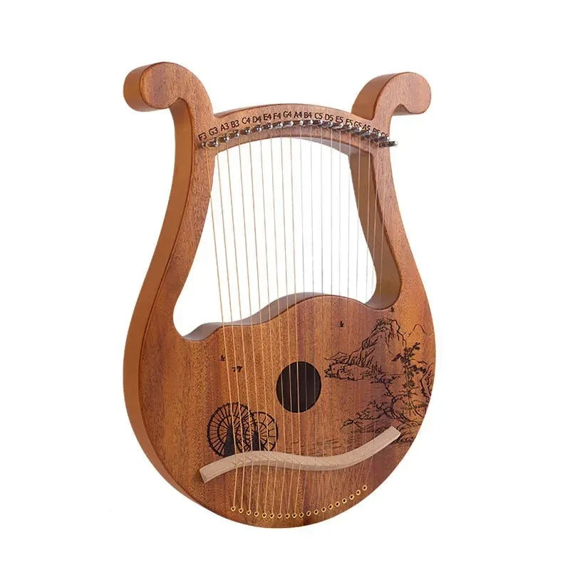 Wooden lyre with decorative engravings and metal strings for beginners’ music