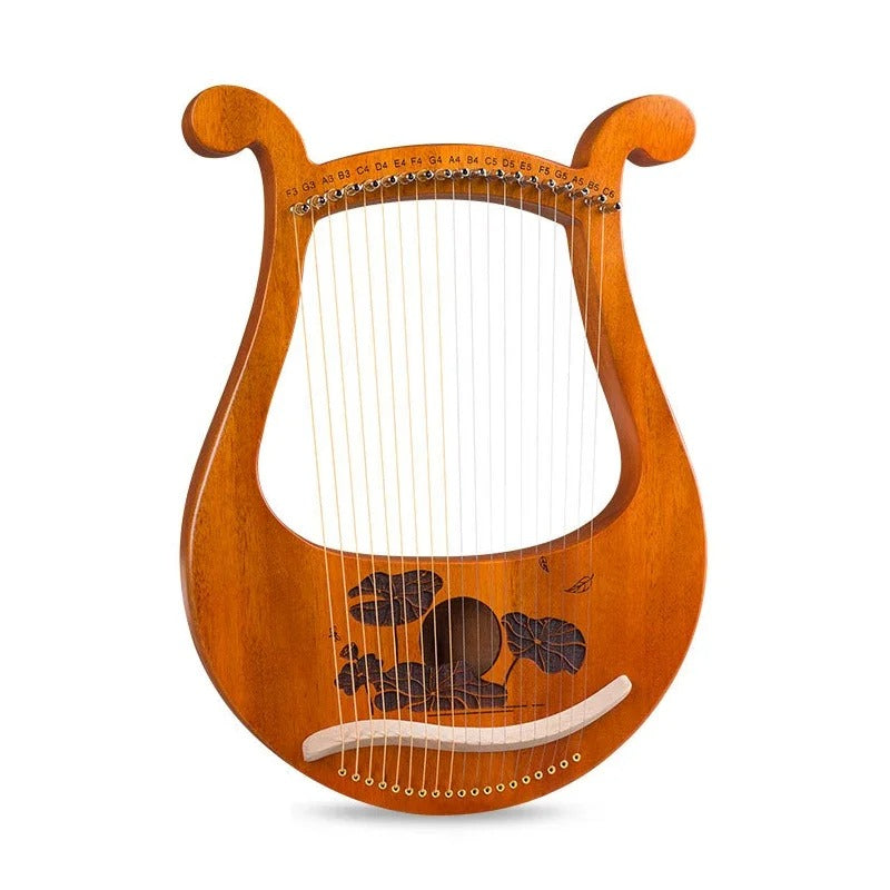 Wooden lyre harp with decorative bird design and metal strings for beginners