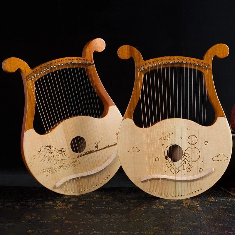 Two decorative wooden lyres with artistic designs for the 19-String Wood Lyre Harp