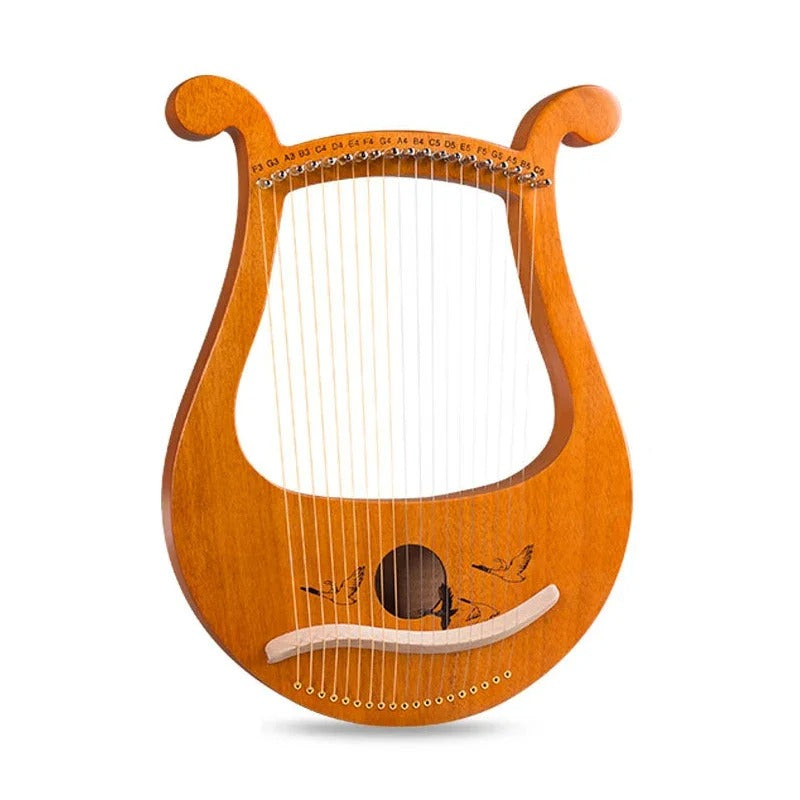 Wooden 19-String Lyre Harp with Curved Scrolls and Decorative Sound Hole Design