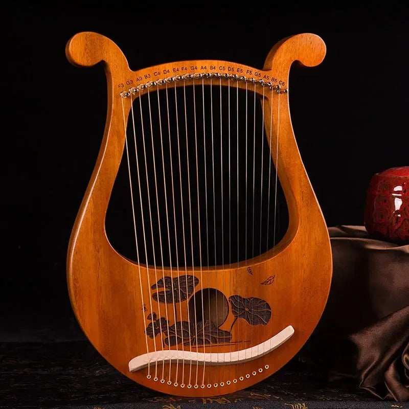 Wooden lyre harp with decorative scrolls, strings, perfect for beginners’ music