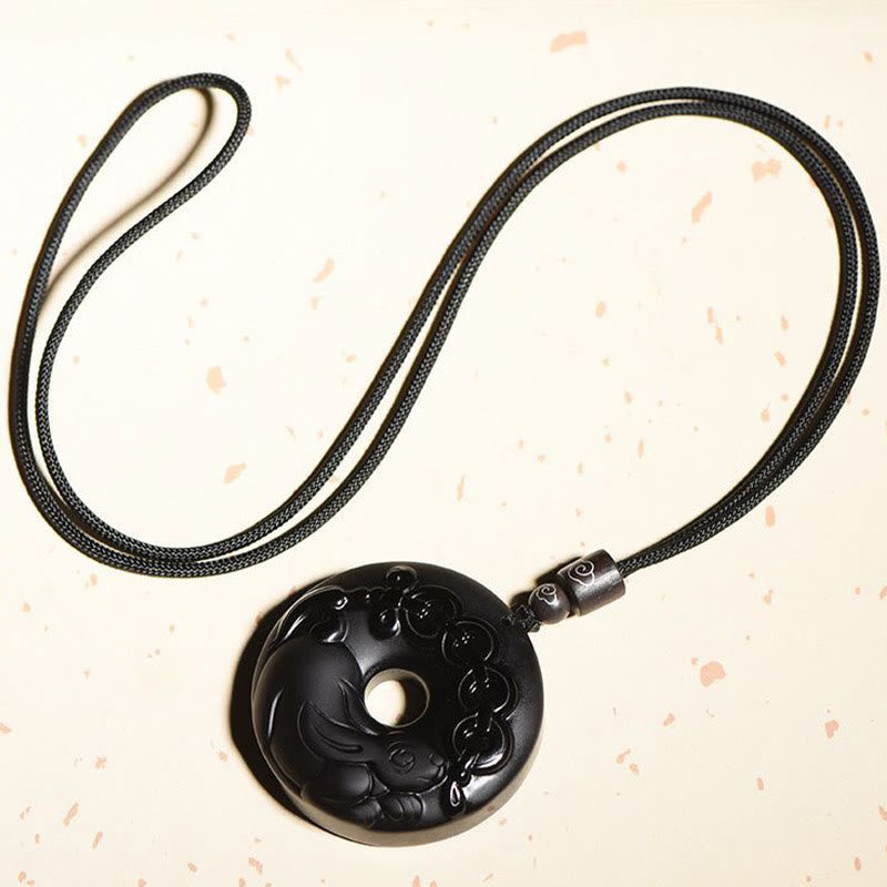 Chinese Zodiac Black Obsidian Strength Necklace Pendant