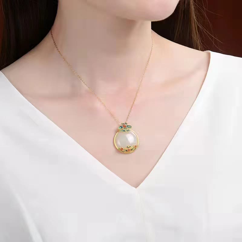 Unisex White Jade Red Agate Blessing Luck Necklace