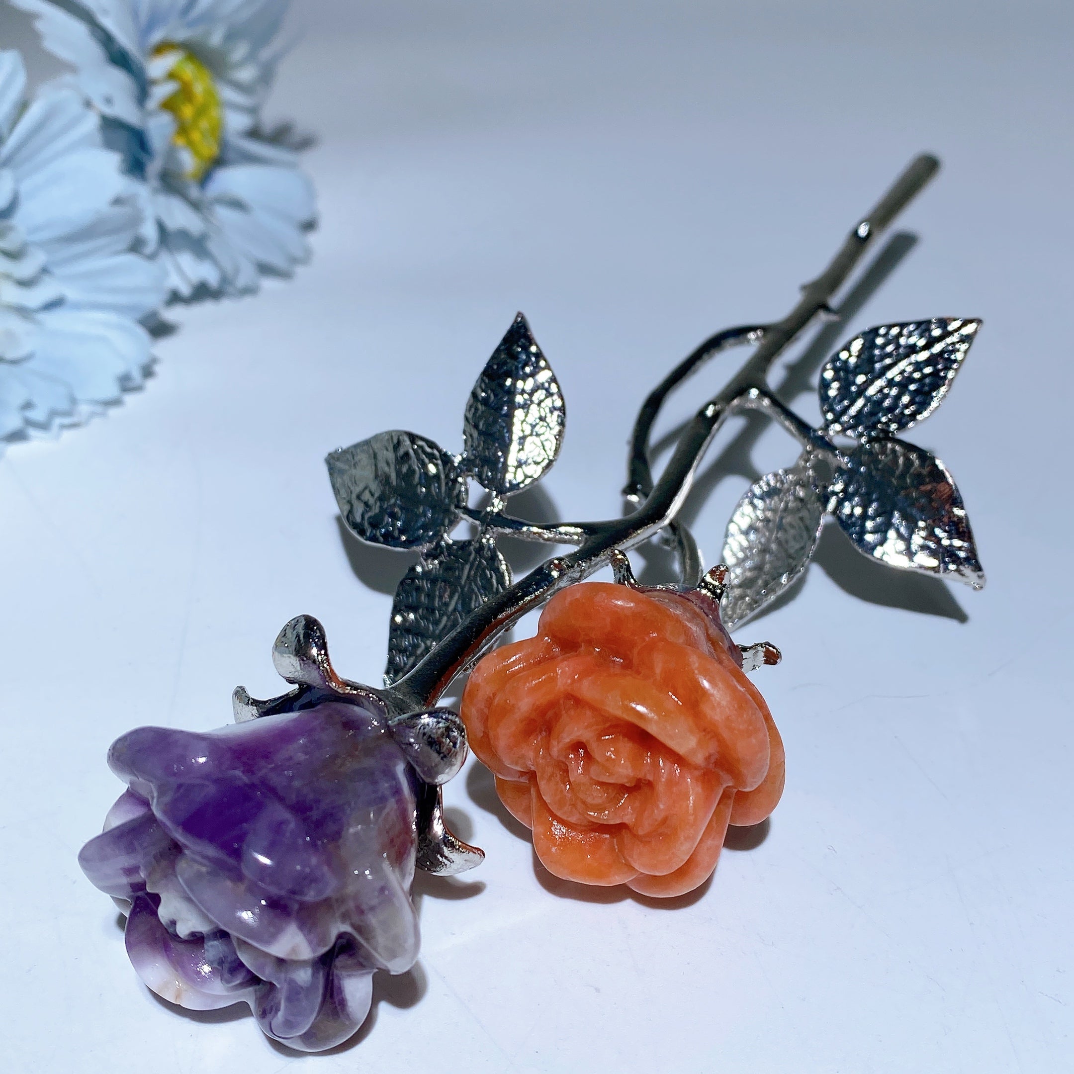 19cm Mixed Crystal Flower Carvings with Silver Stem