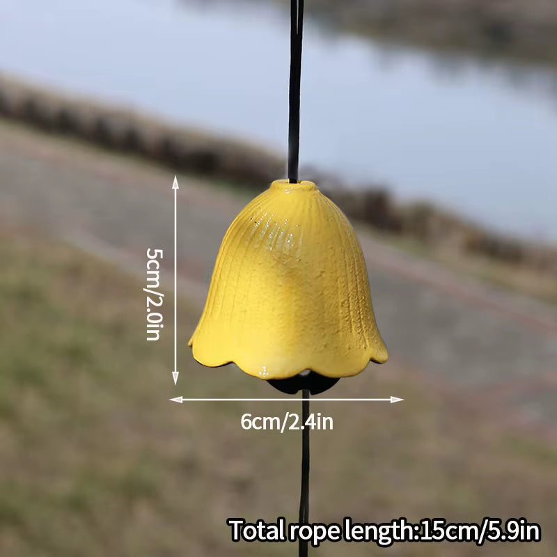 Yellow bell-shaped Japanese Iron Wind Chime with labeled measurements for decor