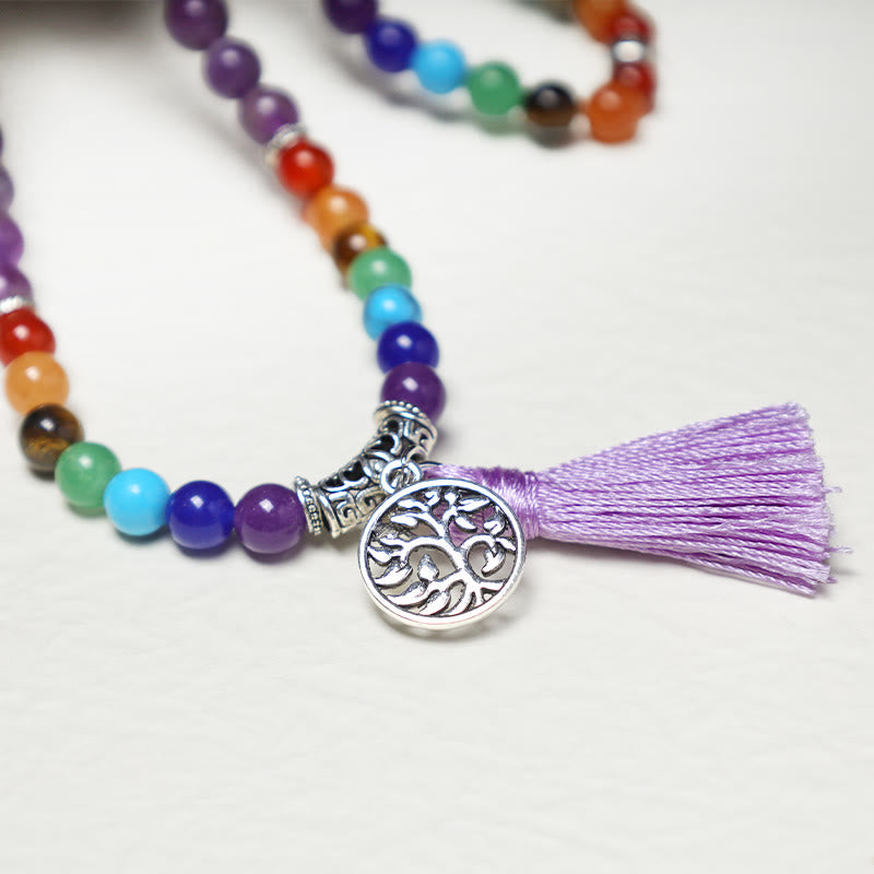 Unisex 108 Bead Mala Necklace with Amethyst & Tiger Eye Healing Beads