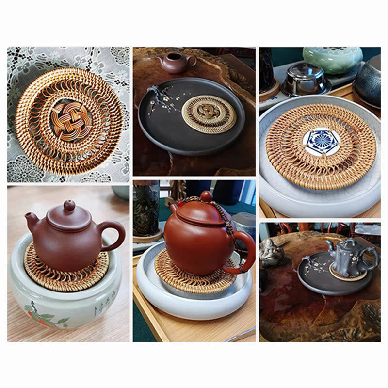 Ceramic Flower Pattern Rattan Cup Mat | 10cm Coaster