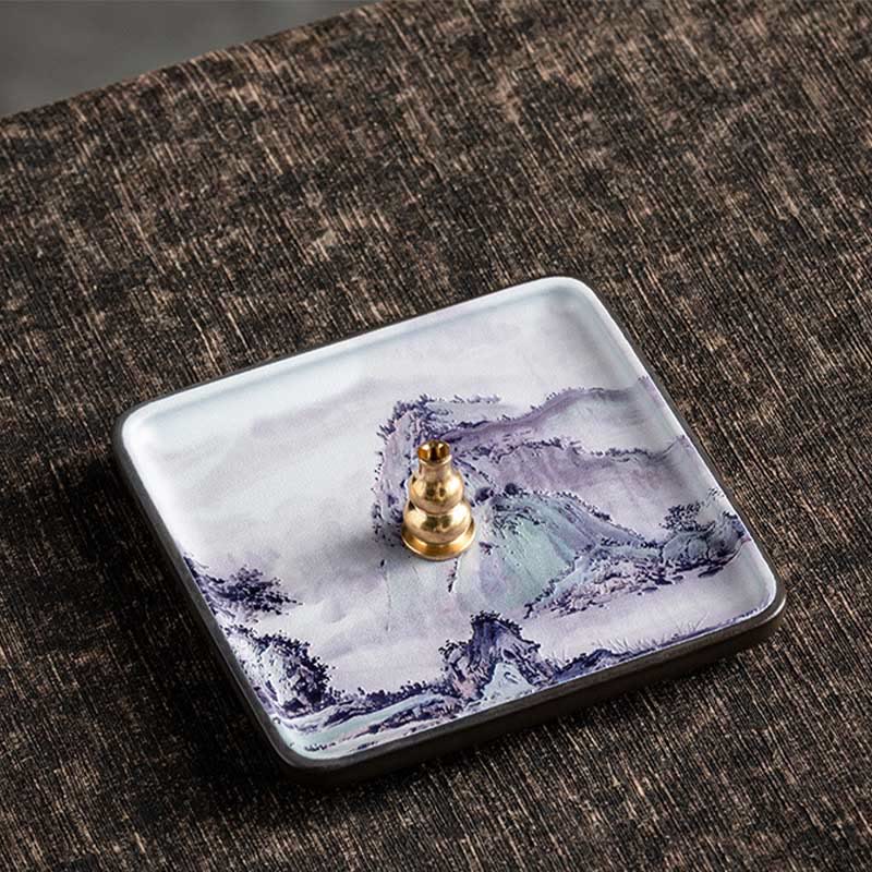 Ceramic Incense Burner Tray with Mountain Lake Flower Leaf Design