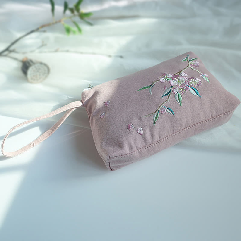 Canvas Wallet with Plum Cherry Crane Embroidery | Compact 21x13cm
