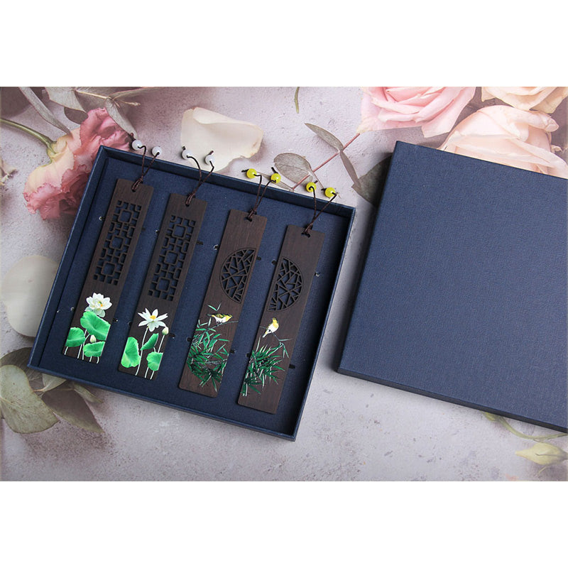 Ebony Wood Zen Bookmark with Green Lotus and Oriole Design
