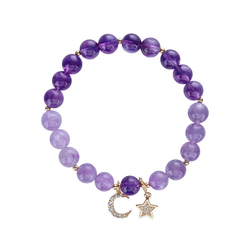 Amethyst Crystal Moon Star Healing Bracelet 7.5-8mm