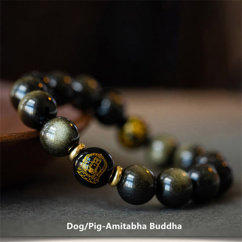 Gold Sheen Obsidian Chinese Zodiac Protection Bracelet 12mm