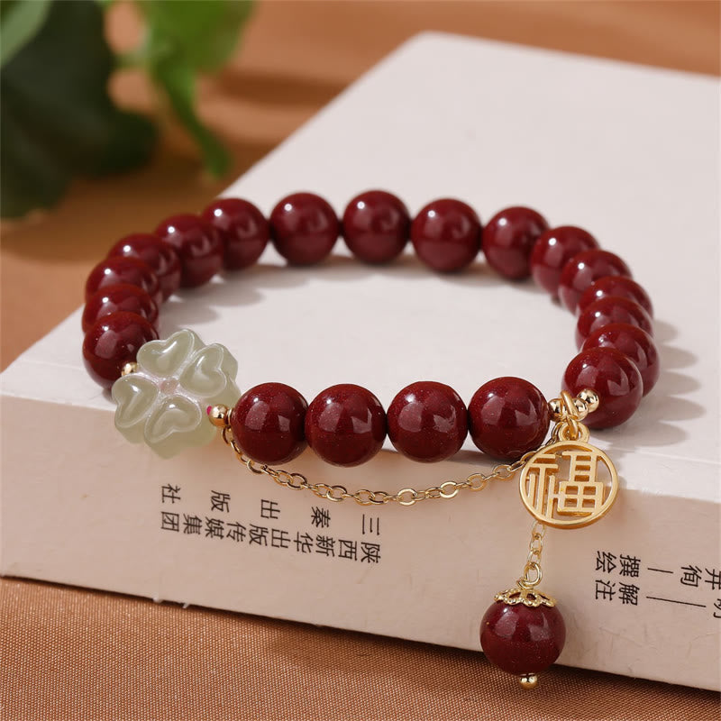 8mm Hetian Jade Jade Bracelet with Cinnabar Fu Blessing Charm