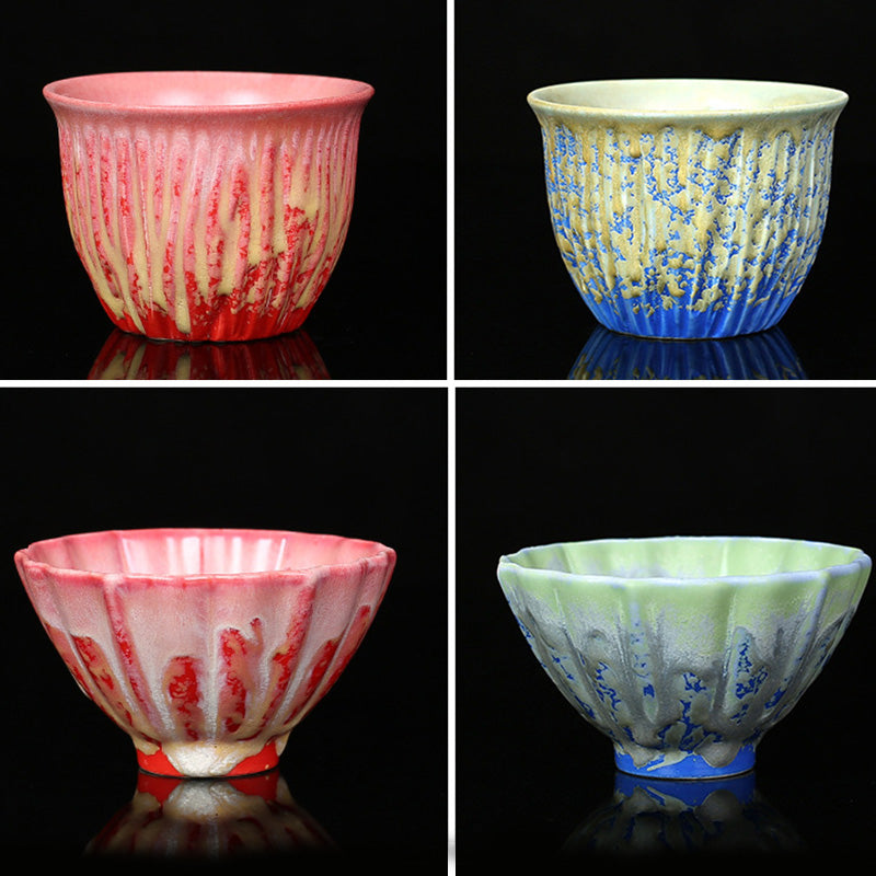 Retro Blue Red Gradient Lotus Ceramic Teacup Bowl