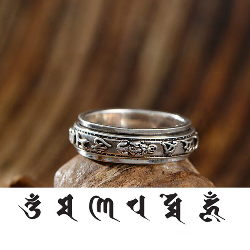 Copper Plated Silver Om Mani Padme Hum PiXiu Rotatable Ring