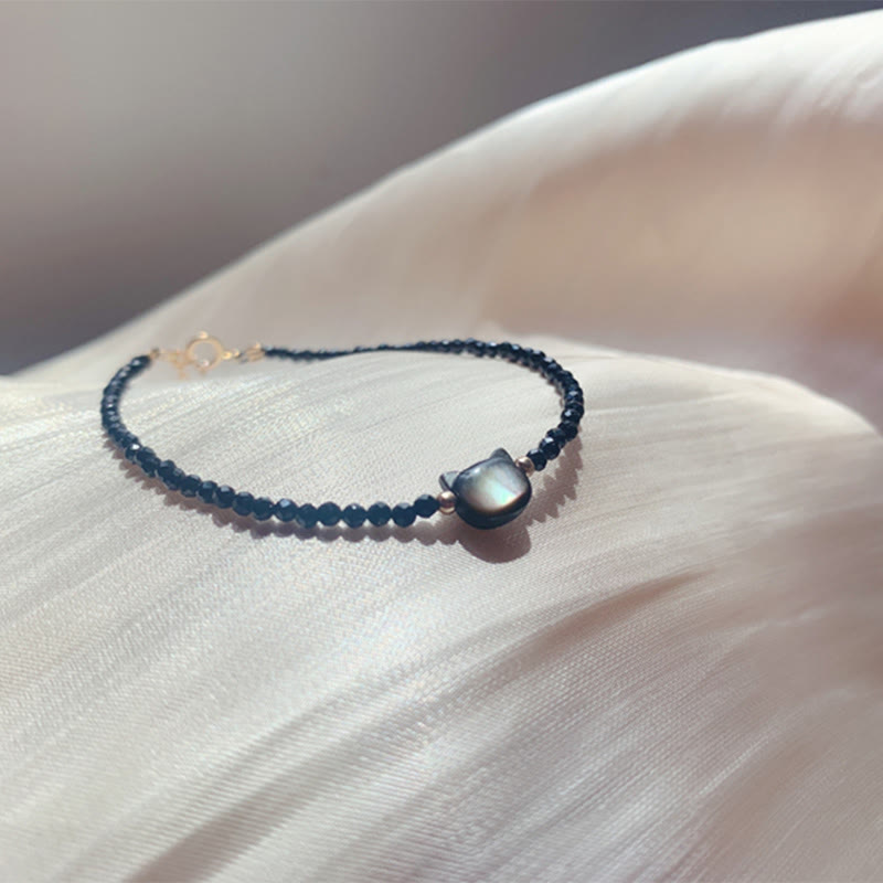 Clear Quartz Bracelet with White Crystal & 14K Gold Plated Healing Cat Charm