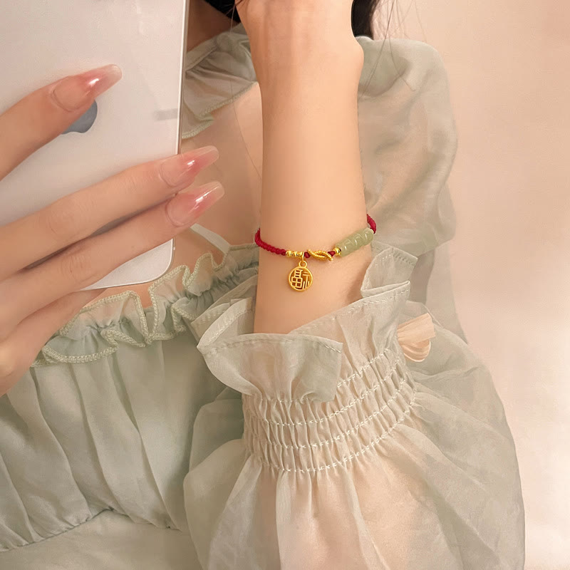 Jade Bead Bracelet with Fu Charm on Red Rope for Luck & Prosperity