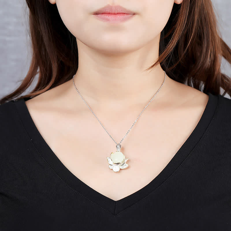 White Jade Lotus Flower Happiness Protection Necklace