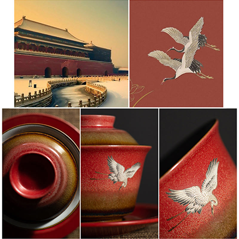 Red Auspicious Crane Ceramic Gaiwan Sancai Teacup | Zen Decor