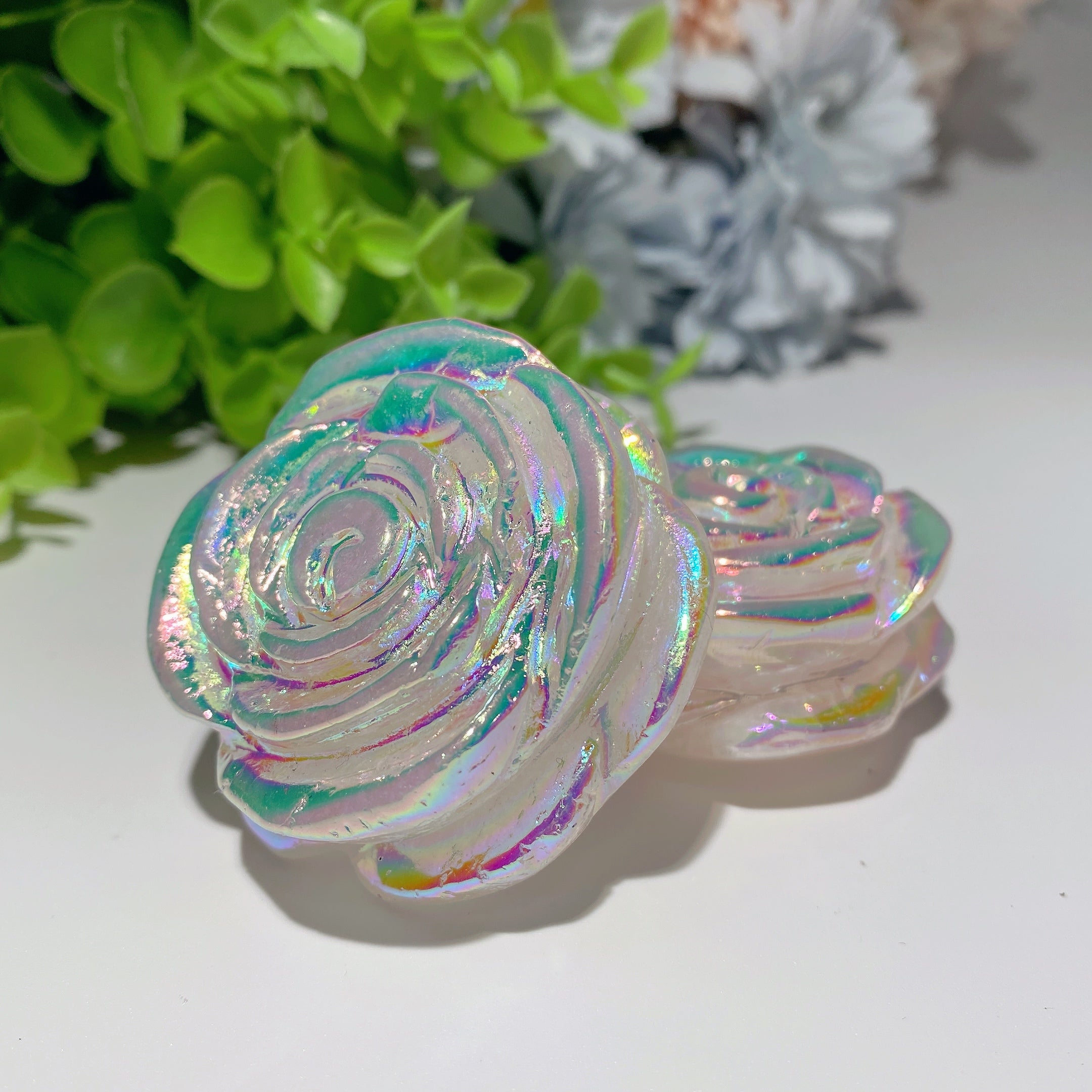 2.0 inch Aura Rose Quartz Crystal Flower Carving