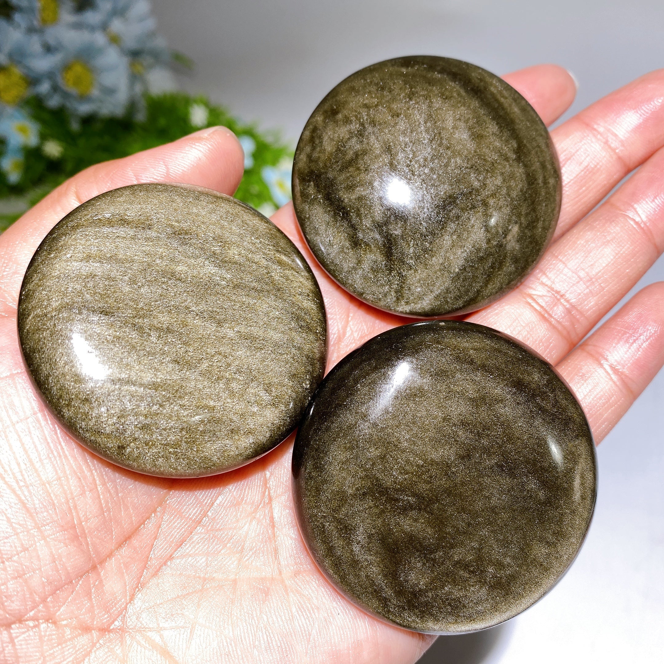 2.0in Golden Obsidian Round Palm Stone for Healing & Energy