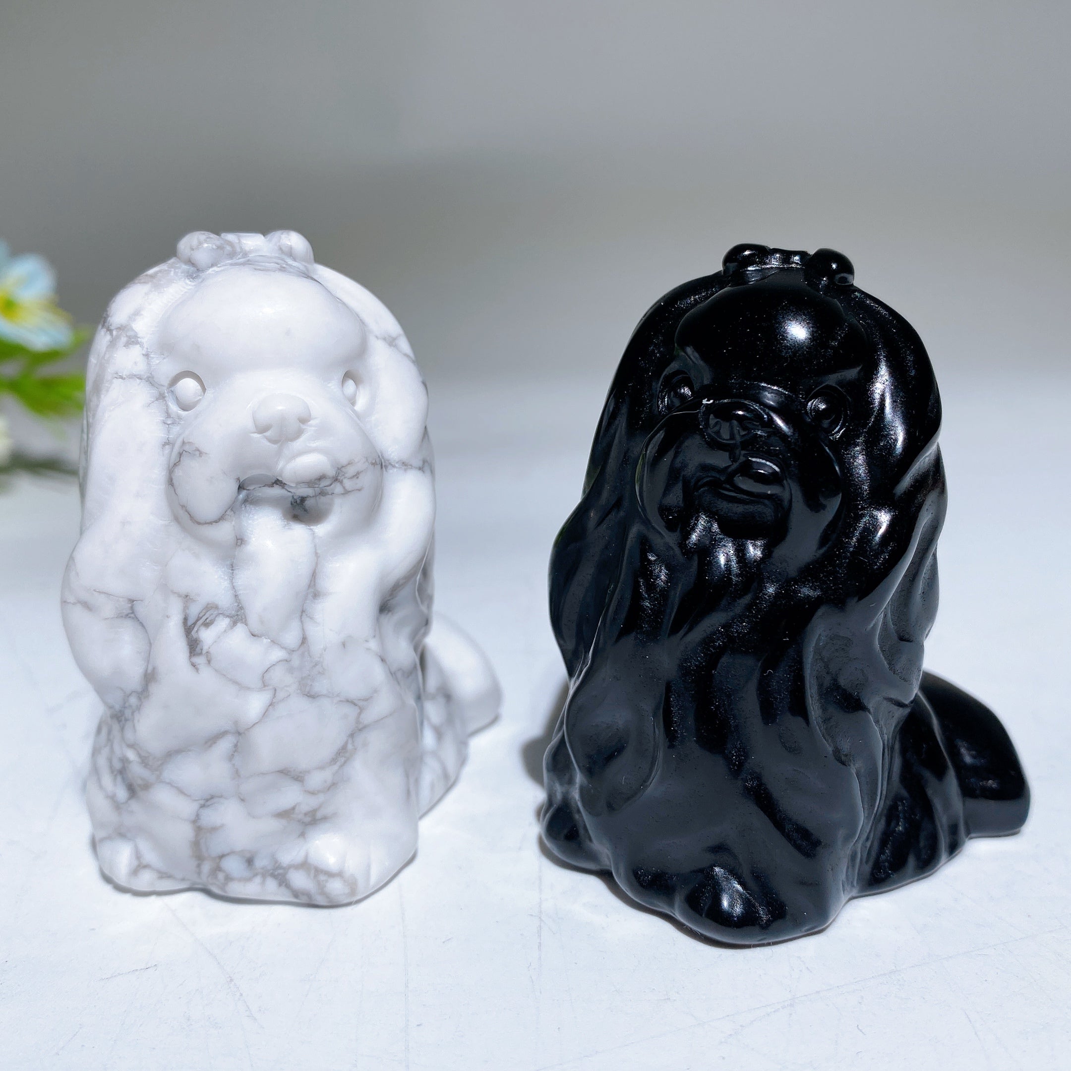 2.1" Howlite & Black Obsidian Healing Crystal Dog Figurines